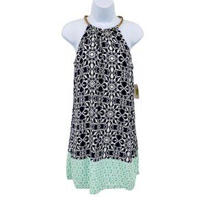 B. Darlin Dress Womens 5/6 Navy‎ Blue Aqua Gold Coil Neckline Geometric NEW